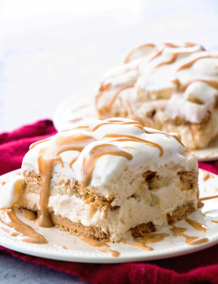 Peanut Butter and Banana Icebox Cake ~ Homemade Light & Fluffy Peanut Butter Mousse Layered with Peanut Butter Cookies and Bananas and then Drizzled with Peanut Butter! The Perfect No Bake Dessert!