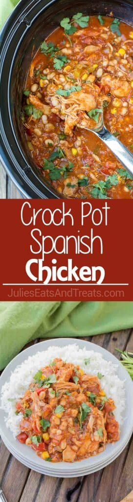Crock Pot Spanish Chicken ~ Delicious chicken loaded with flavorful spices and veggies. This slow cooker meal is perfect for those busy nights!