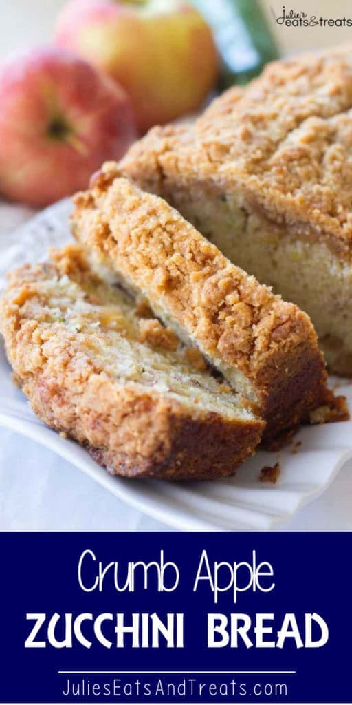 Crumb apple zucchini bread slices on a white tray