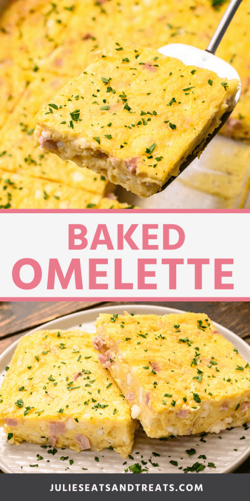 Baked Omelette collage. Top image of a square of baked omelette on a metal spatula, bottom image of two squares of baked omelette on a plate