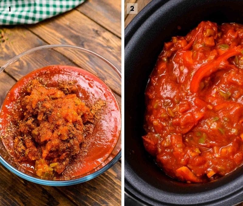 Collage of two images on how to make chicken cacciatore