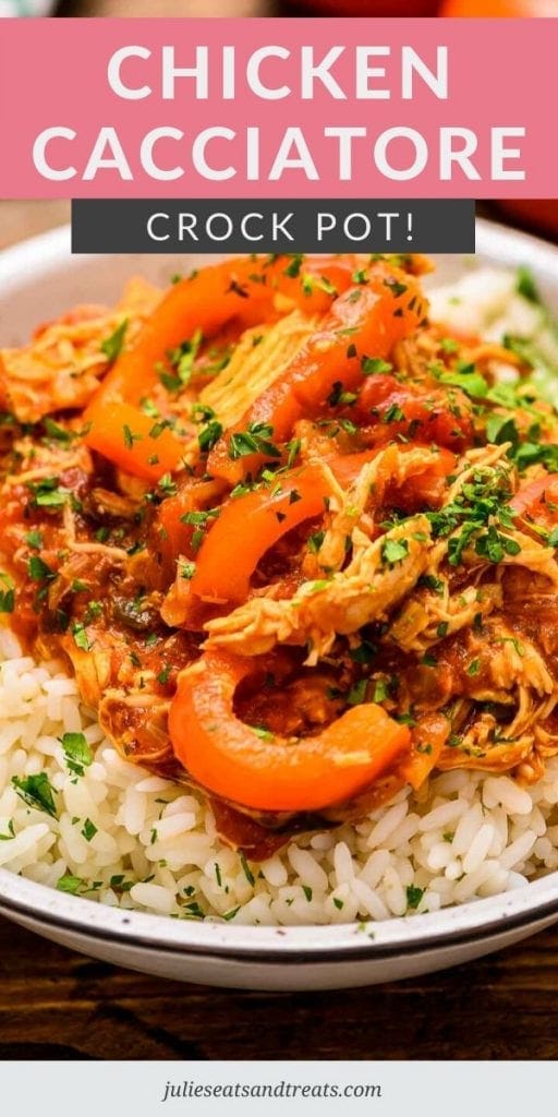 Crock Pot Chicken Cacciatore served over rice in a white bowl