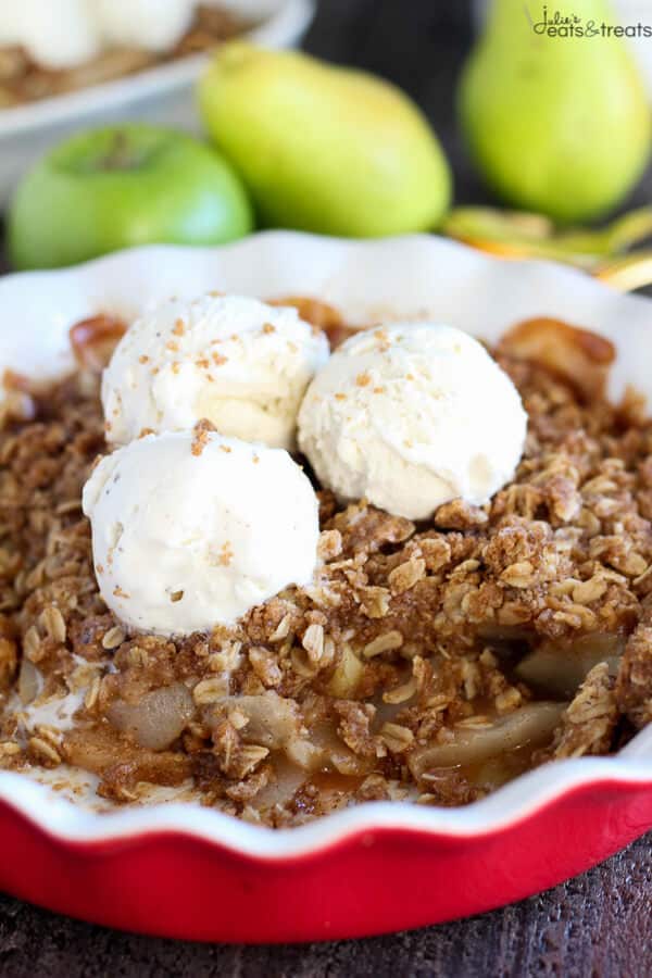 Apple Pear Crisp ~Tender apples and pears baked with a brown sugar oat topping. Serve warm for the perfect fall or winter dessert!