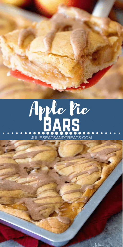 Collage with top image of an apple pie bar on a spatula, middle banner with text reading apple pie bars, and bottom image of apple pie bars in a pan