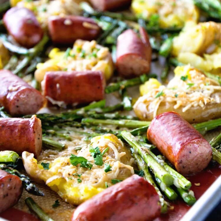 One Pan Sausage & Veggies ~ Easy, One Pan Dinner Perfect for Weeknight Meals! Delicious Smashed Potatoes, Sausage and Asparagus!