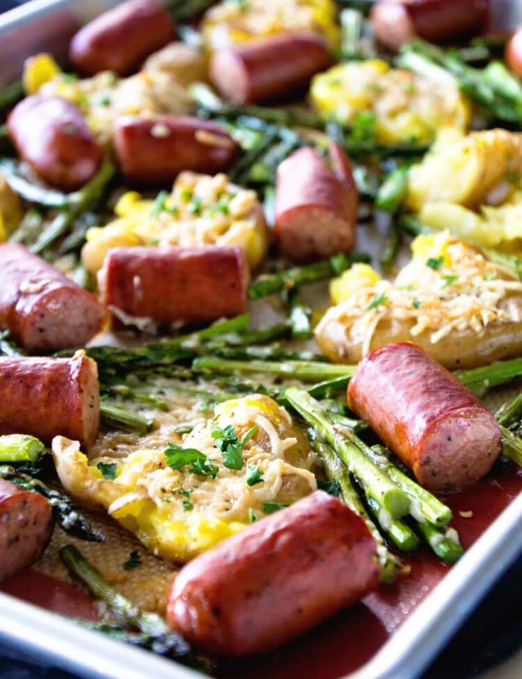 One Pan Sausage & Veggies ~ Easy, One Pan Dinner Perfect for Weeknight Meals! Delicious Smashed Potatoes, Sausage and Asparagus!