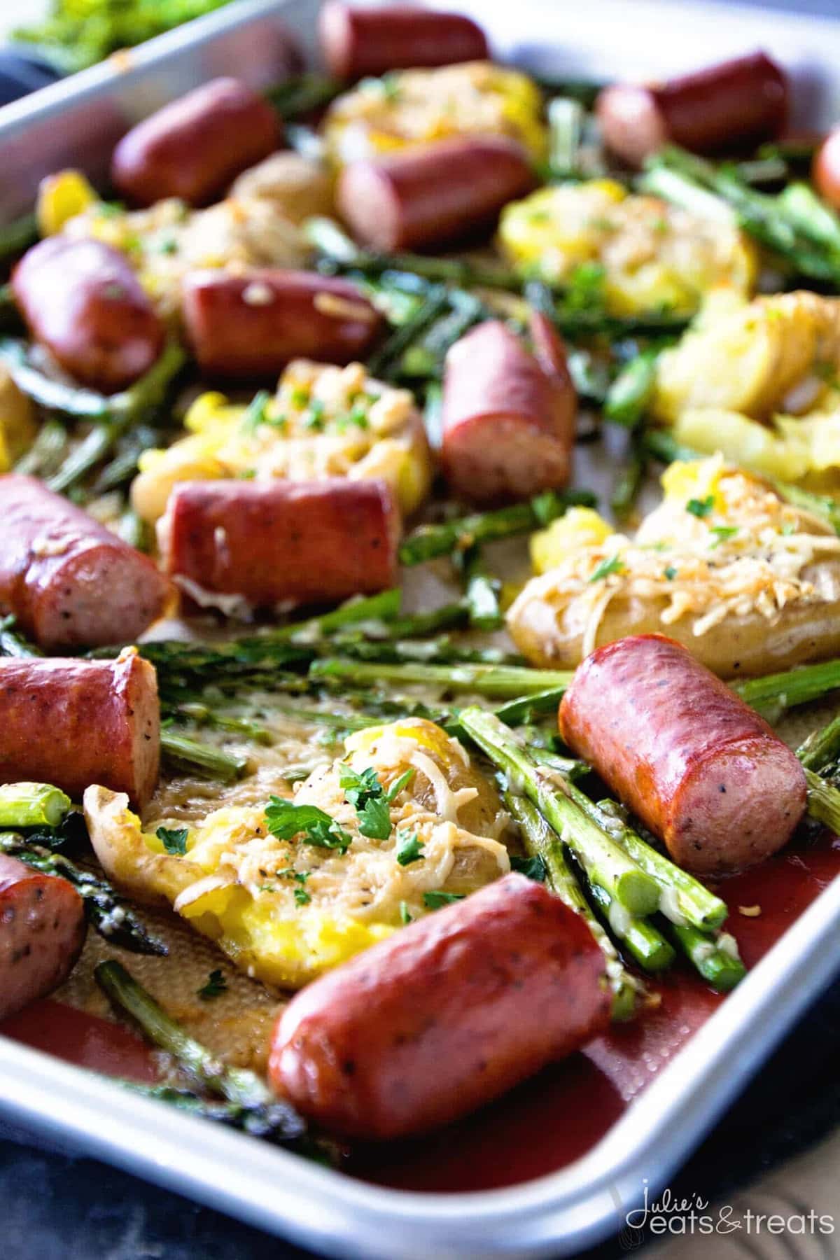 One Pan Sausage & Veggies ~ Easy, One Pan Dinner Perfect for Weeknight Meals! Delicious Smashed Potatoes, Sausage and Asparagus!