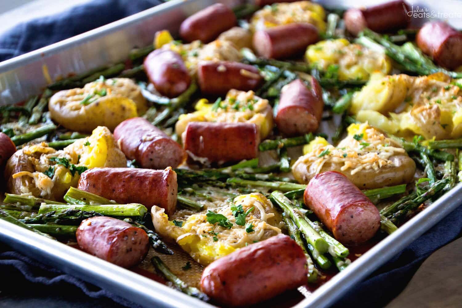 One Pan Sausage & Veggies ~ Easy, One Pan Dinner Perfect for Weeknight Meals! Delicious Smashed Potatoes, Sausage and Asparagus!