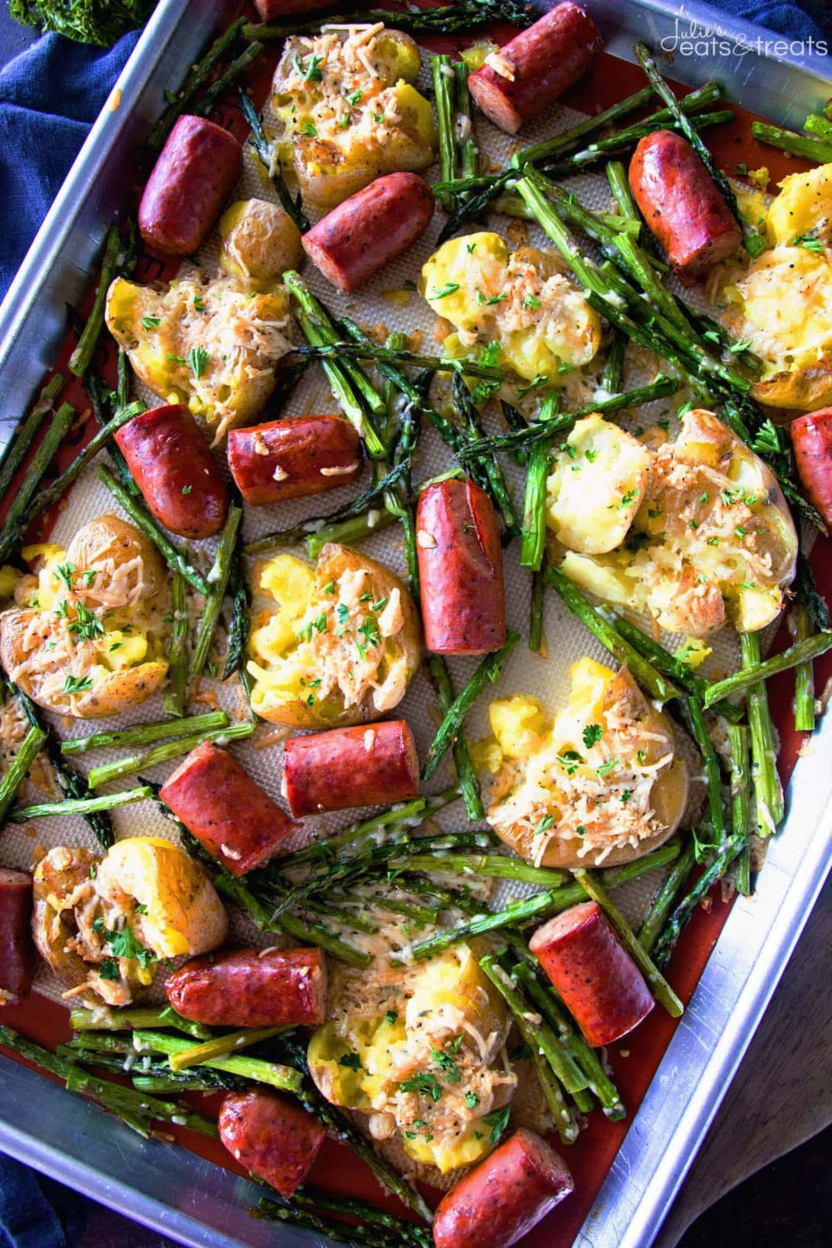 One Pan Sausage & Veggies ~ Easy, One Pan Dinner Perfect for Weeknight Meals! Delicious Smashed Potatoes, Sausage and Asparagus!