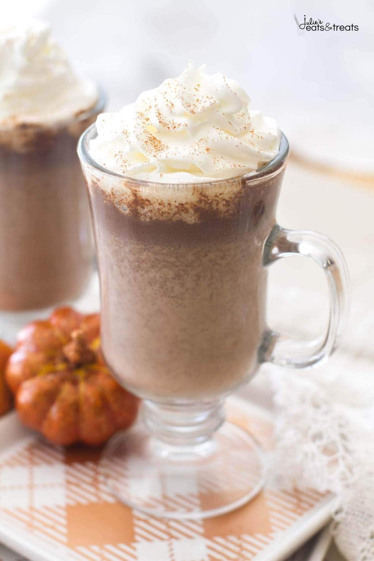 This homemade pumpkin hot chocolate recipe uses real pumpkin puree and pumpkin pie spices to add a fall spin to a classic drink!