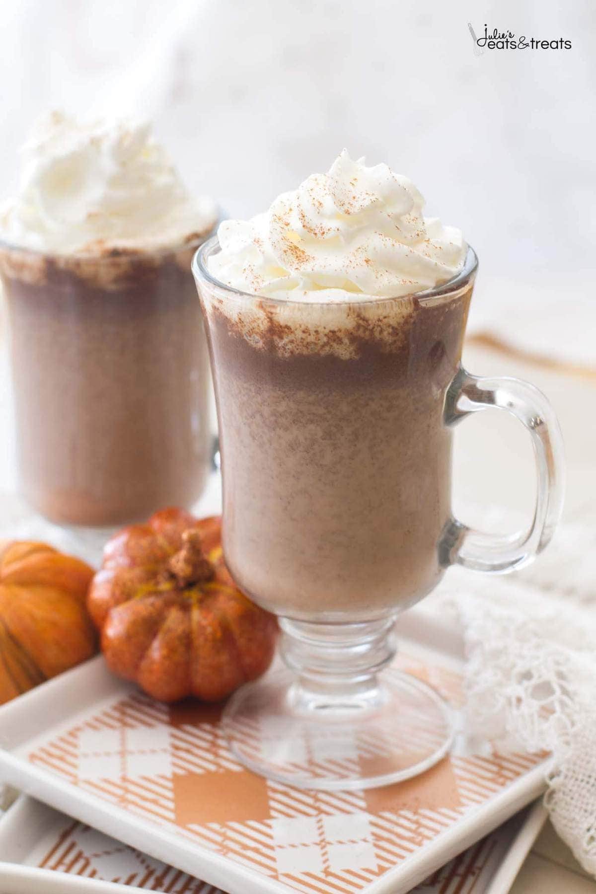 This homemade pumpkin hot chocolate recipe uses real pumpkin puree and pumpkin pie spices to add a fall spin to a classic drink!