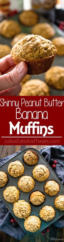 Healthier Peanut Butter Banana Muffins ~ This Peanut Butter and Banana Combo Muffin is so Delicious! They are made with Whole Wheat Flour and Oats to Fill You Up at Breakfast!