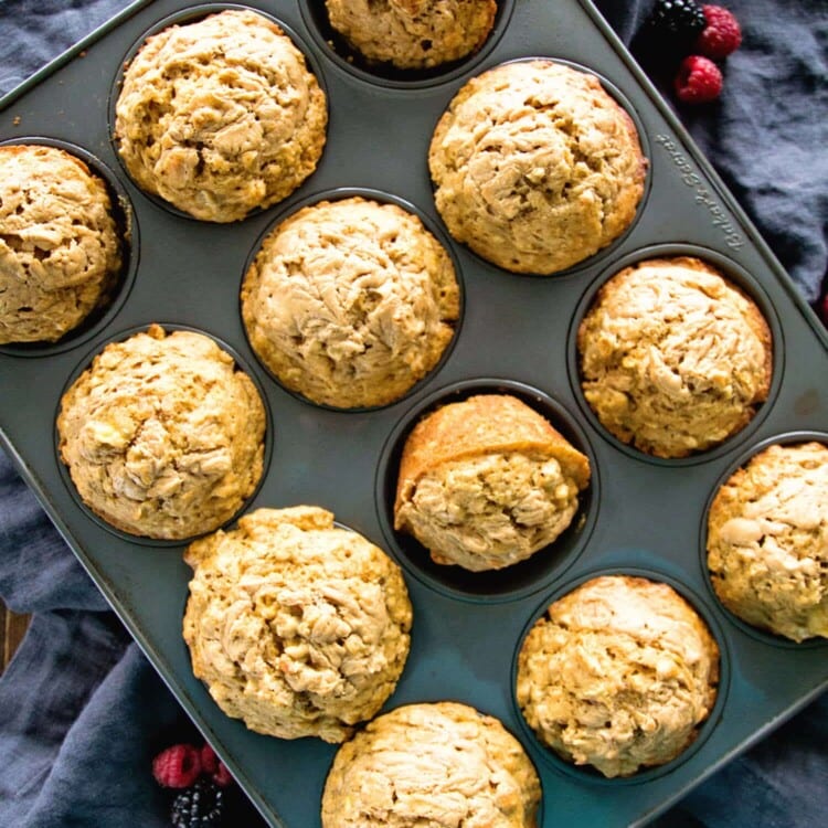 Healthier Peanut Butter Banana Muffins ~ This Peanut Butter and Banana Combo Muffin is so Delicious! They are made with Whole Wheat Flour and Oats to Fill You Up at Breakfast!