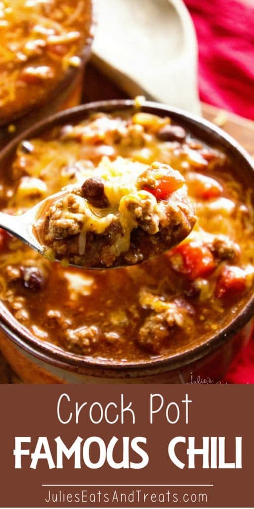 Crock pot famous chili on a spoon over a bowl