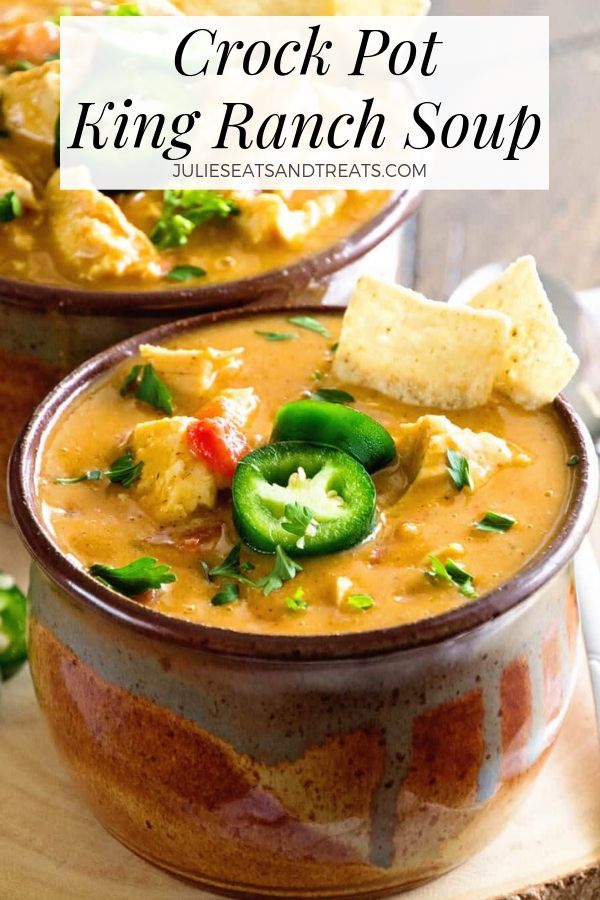 Crock pot king ranch soup in a brown bowl