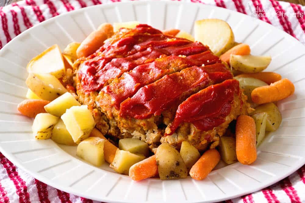 meatloaf and vegetables on white plate