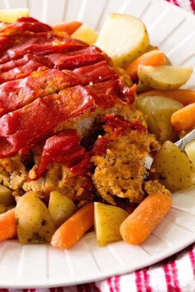 Crock Pot Meatloaf & Veggies ~ Comforting, Meatloaf Topped with Ketchup and Made in the Slow Cooker with Potatoes and Carrots! Make Your Entire Meal in the Crock Pot Tonight!