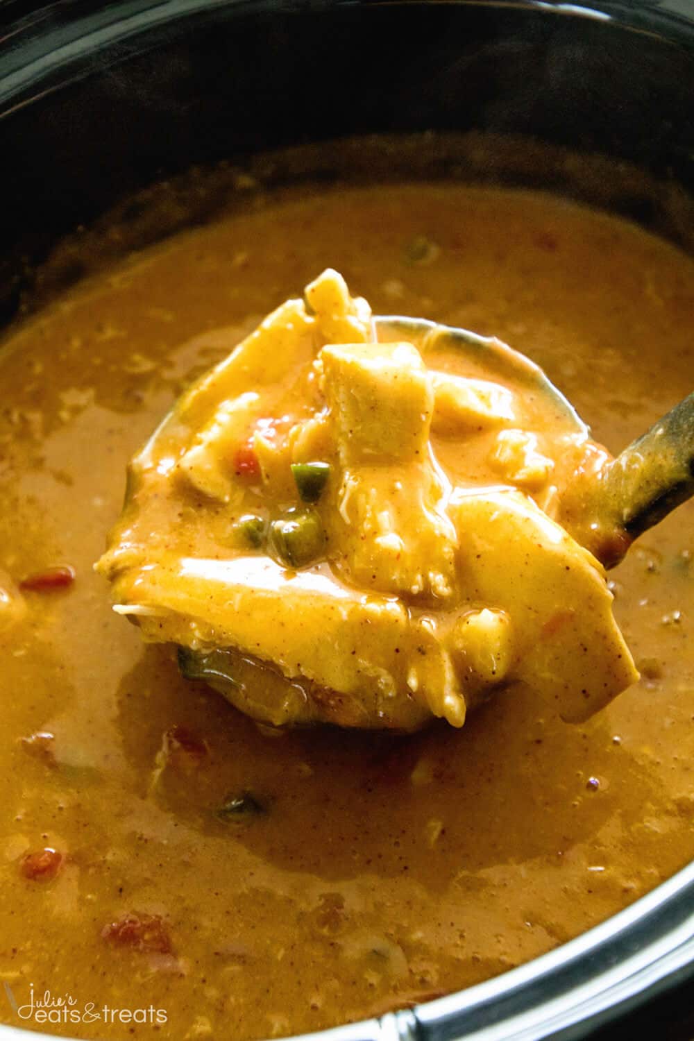 A ladle filled with Crock Pot King Ranch Chicken Soup