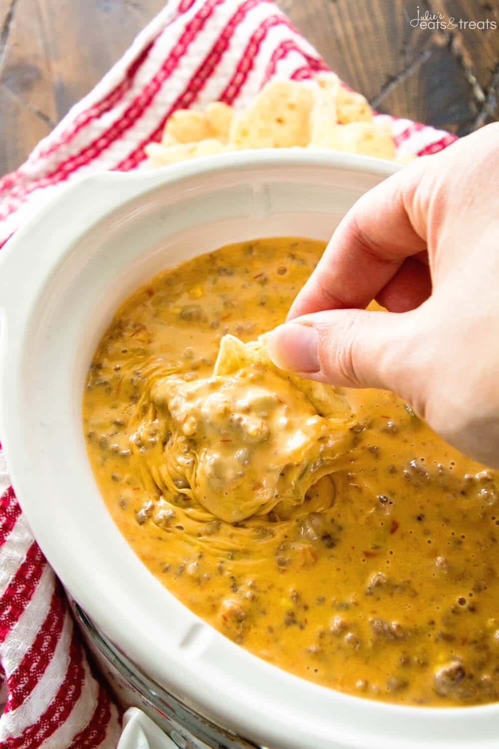 Spicy Crock Pot Cheesy Hamburger Dip ~ The BEST Cheese Dip Made in Your Slow Cooker! Perfect for a Party, Game Day or Just Because! This Appetizer Will Have You Coming Back for More!