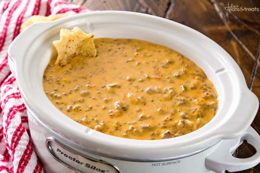 Spicy Crock Pot Cheesy Hamburger Dip ~ The BEST Cheese Dip Made in Your Slow Cooker! Perfect for a Party, Game Day or Just Because! This Appetizer Will Have You Coming Back for More!