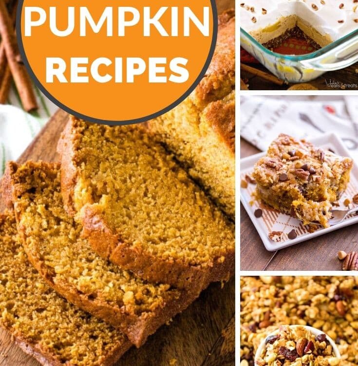 Collage with a large image of sliced pumpkin bread on the left and three smaller images of pumpkin lasagna, cake, and granola on the right. An orange circle in the top left corner with white text saying easy pumpkin recipes