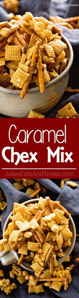 Caramel Chex Mix ~ The Perfect Blend of Sweet & Salty in this Snack Mix! Plus it's Perfect for Parties! Loaded with Chex, Peanuts, Pretzels and Coated in a Caramel!