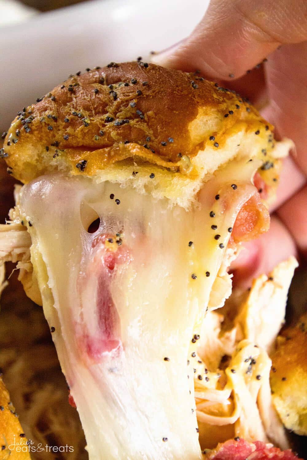 Cheesy Bacon Turkey Sliders ~ Quick and Easy Game Day Appetizer or Meal! Perfect for Using up Leftover Turkey too! Slider Buns Loaded with Turkey, Bacon, and Cheese!!