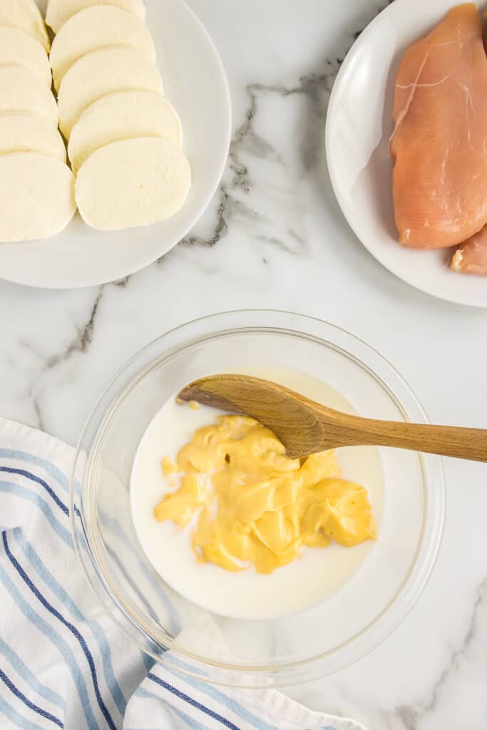 Bowl with milk and cream of chicken soup