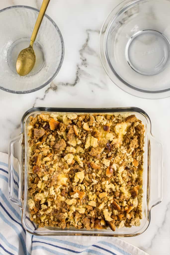 Pan with chicken and stuffing casserole before baking