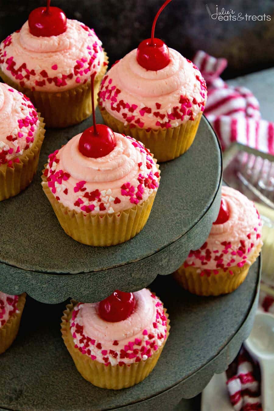 Cherry Almond Cupcakes ~ Light & Fluffy Almond Cupcakes Topped with Cherry Frosting! Perfect for Holidays, Birthdays or Just Because!