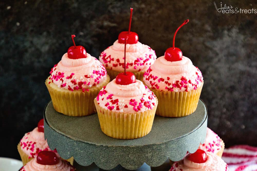 Cherry Almond Cupcakes ~ Light & Fluffy Almond Cupcakes Topped with Cherry Frosting! Perfect for Holidays, Birthdays or Just Because!