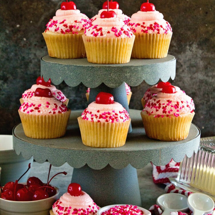 Cherry Almond Cupcakes ~ Light & Fluffy Almond Cupcakes Topped with Cherry Frosting! Perfect for Holidays, Birthdays or Just Because!