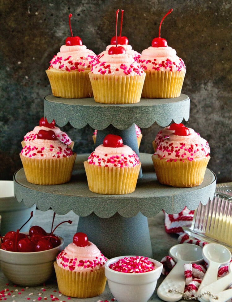 Cherry Almond Cupcakes ~ Light & Fluffy Almond Cupcakes Topped with Cherry Frosting! Perfect for Holidays, Birthdays or Just Because!