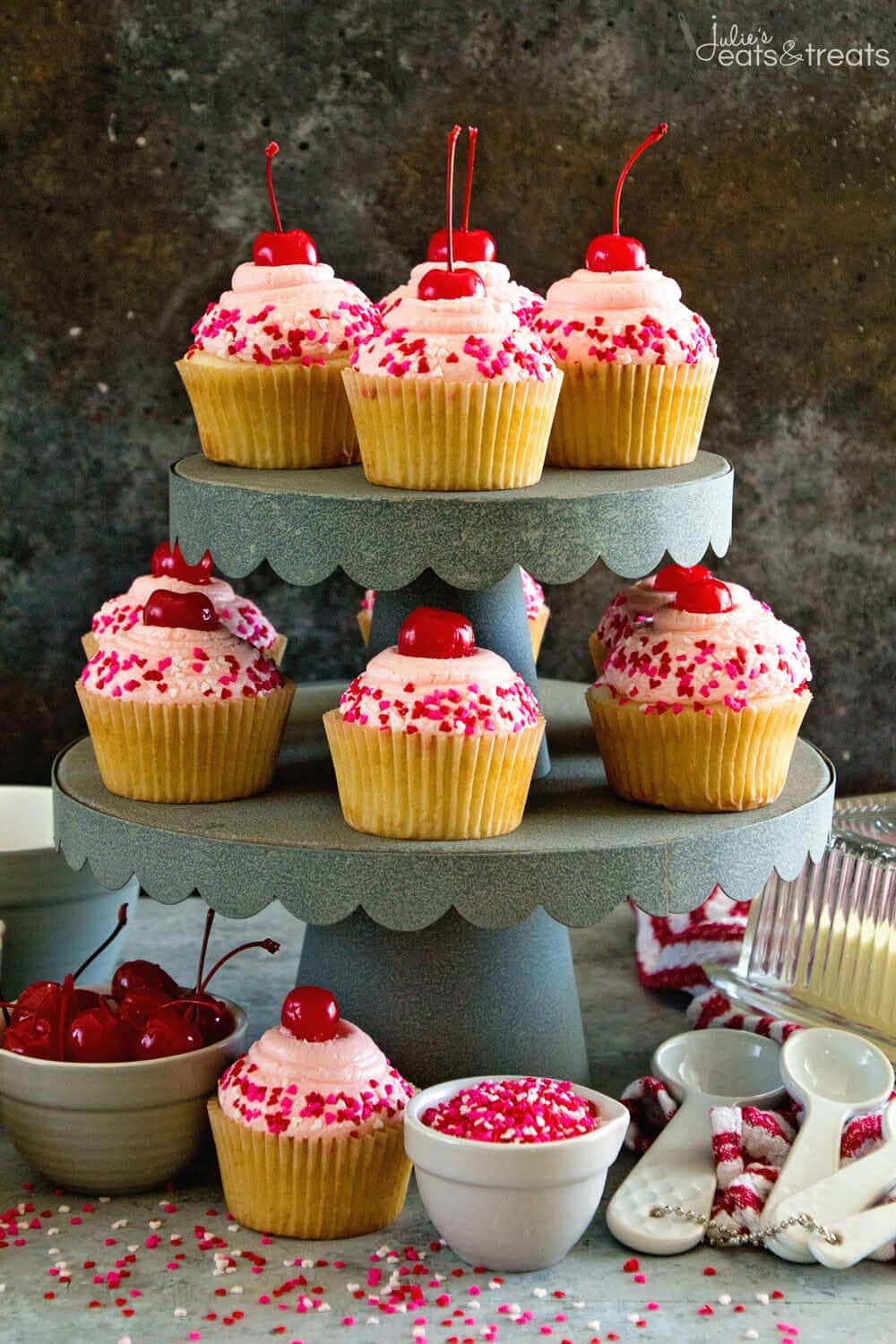 Cherry Almond Cupcakes ~ Light & Fluffy Almond Cupcakes Topped with Cherry Frosting! Perfect for Holidays, Birthdays or Just Because!