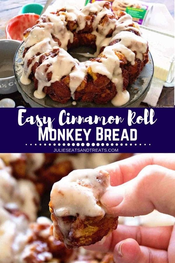 Collage with top image of a monkey bread ring with frosting on a cake stand, middle banner with text reading easy cinnamon roll monkey bread, and bottom image of hand holding a piece of monkey bread