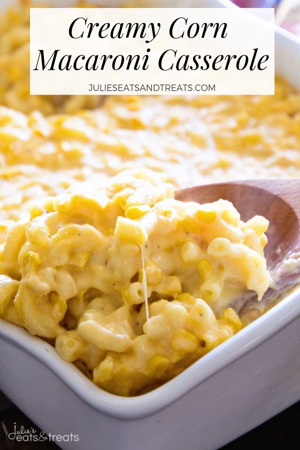 Creamy corn macaroni casserole being scooped with a wooden spoon