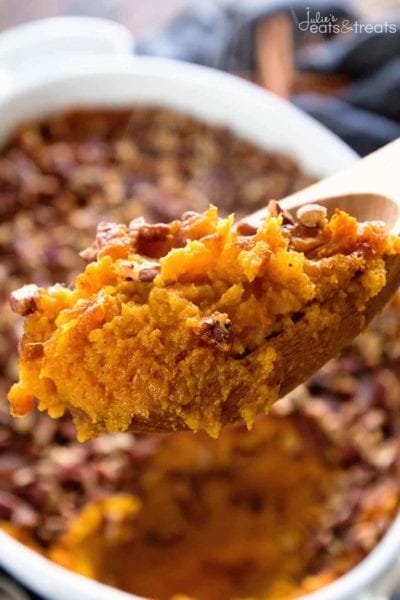 Light Sweet Potato Casserole ~ This Delicious Traditional Sweet Potato Casserole is Lightened Up for You! Loaded with Sweet Potatoes, Toasted Pecans, Cinnamon and Nutmeg! Perfect for a Holiday Side Dish!