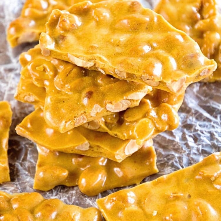 Stack of peanut brittle on wax paper