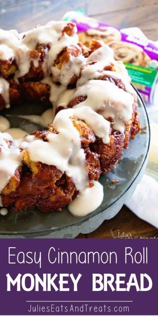 Cinnamon roll monkey bread ring on a cake stand