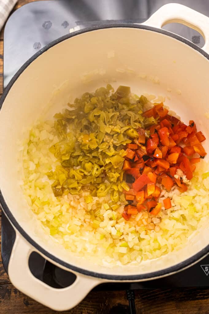 Stock Pot with ingredients to saute for turkey chowder