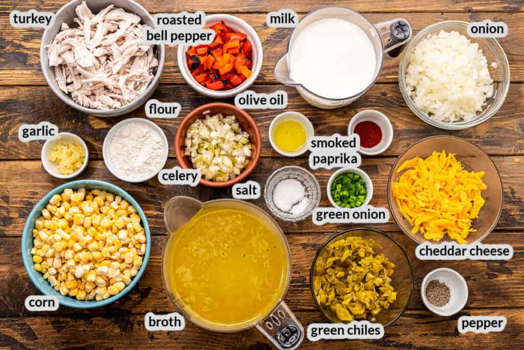 Overhead image of Turkey Corn Chowder Ingredients in bowls on wooden background