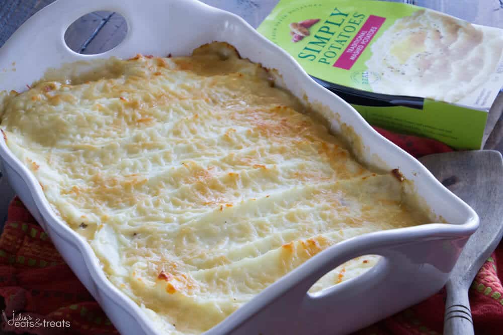 White baking dish with turkey shepherd's pie in it