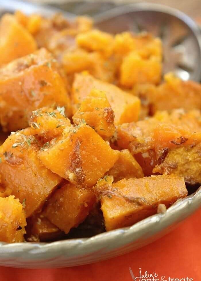 Parmesan Crock Pot Sweet Potatoes ~ Perfect Easy, Quick Weeknight Side Dish or Holiday Side Dish in Your Slow Cooker! Packed Full of Garlic and Parmesan Flavor!