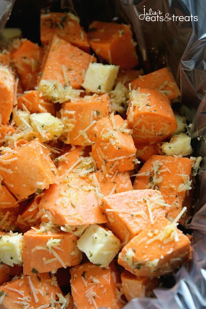 Parmesan Crock Pot Sweet Potatoes ~ Perfect Easy, Quick Weeknight Side Dish or Holiday Side Dish in Your Slow Cooker! Packed Full of Garlic and Parmesan Flavor!