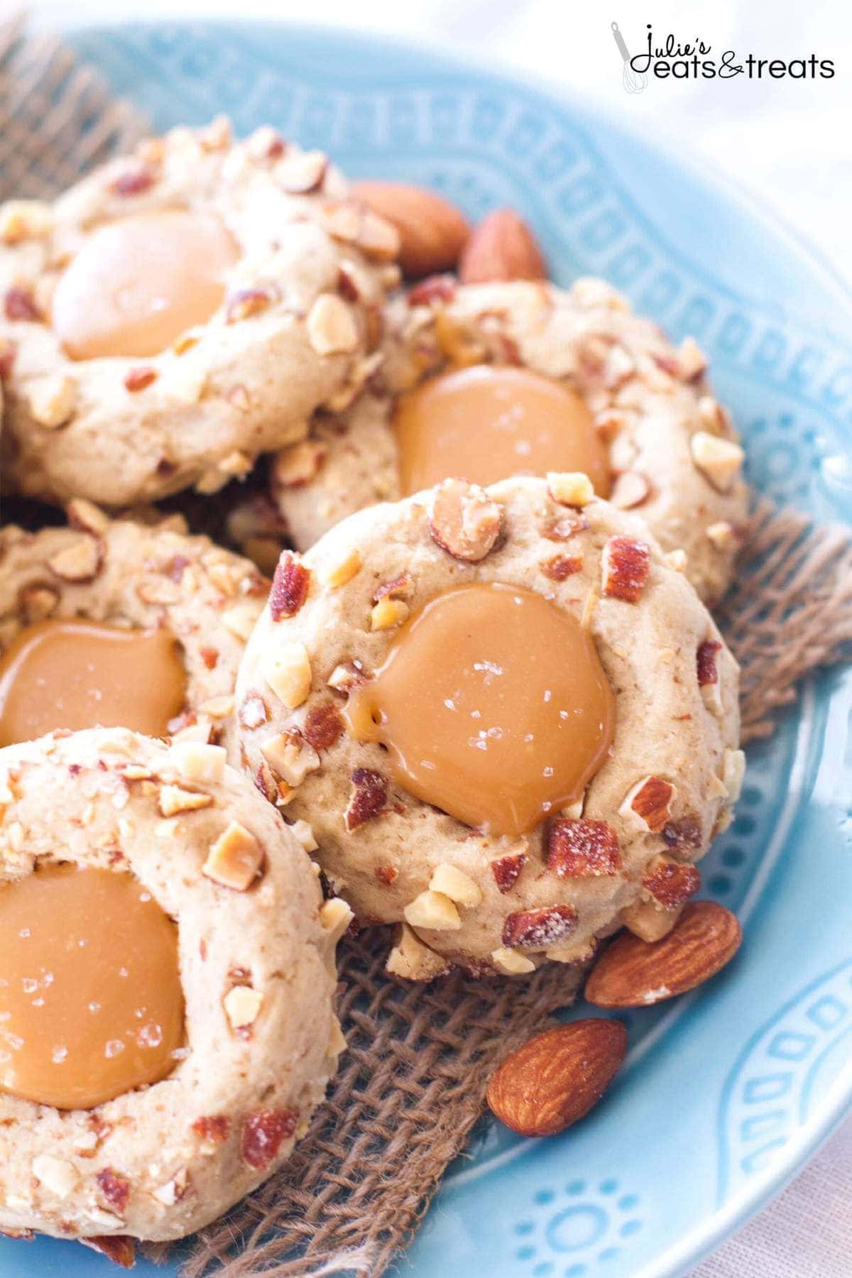 Salted Caramel Almond Thumbprint Cookies ~ Easy, Cookies Are Perfect for Any Holiday Party or Cookie Exchange! Slightly Nutty, Sweet and Incredibly Rich with Salted Caramel Filling!