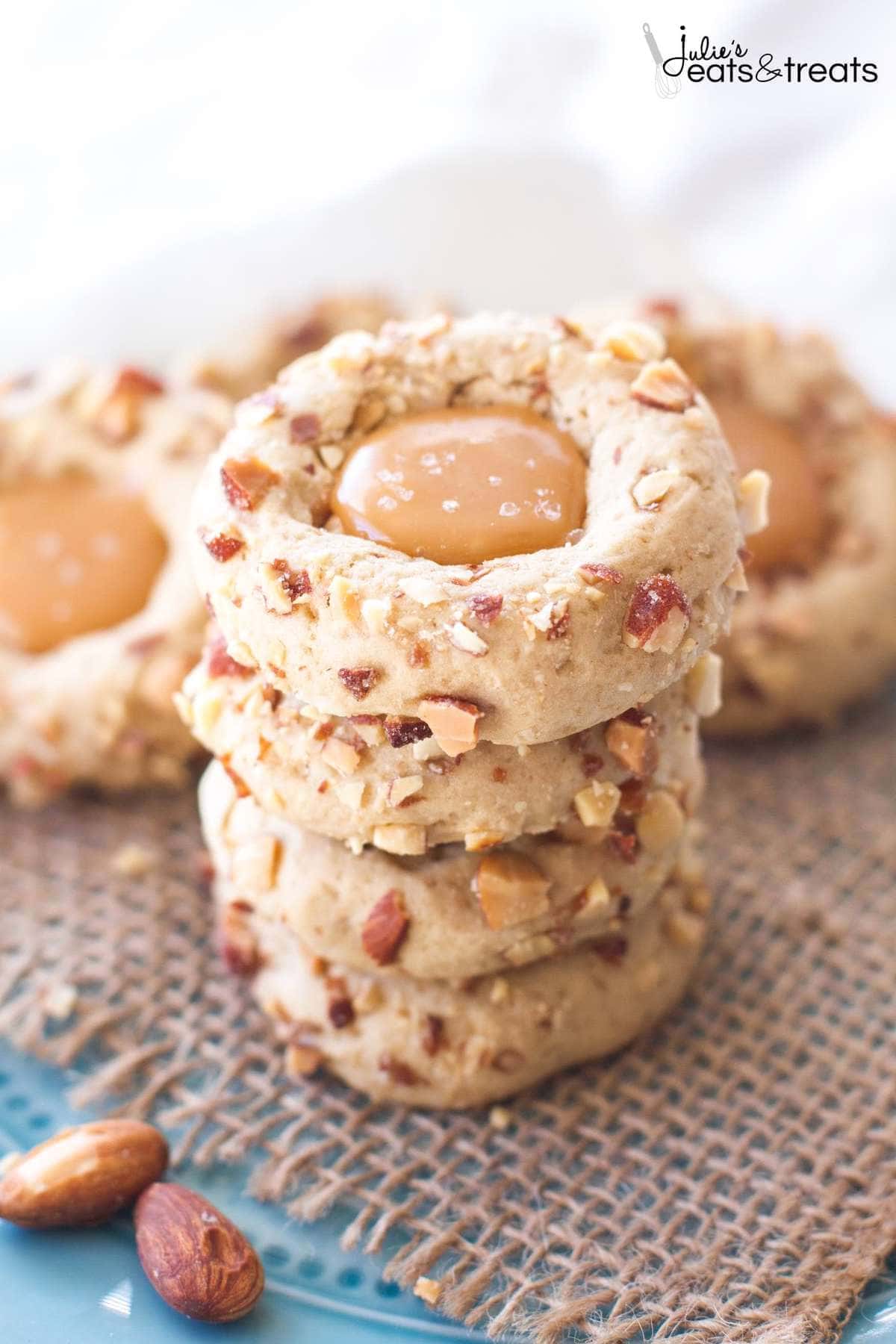 Salted Caramel Almond Thumbprint Cookies ~ Easy, Cookies Are Perfect for Any Holiday Party or Cookie Exchange! Slightly Nutty, Sweet and Incredibly Rich with Salted Caramel Filling!