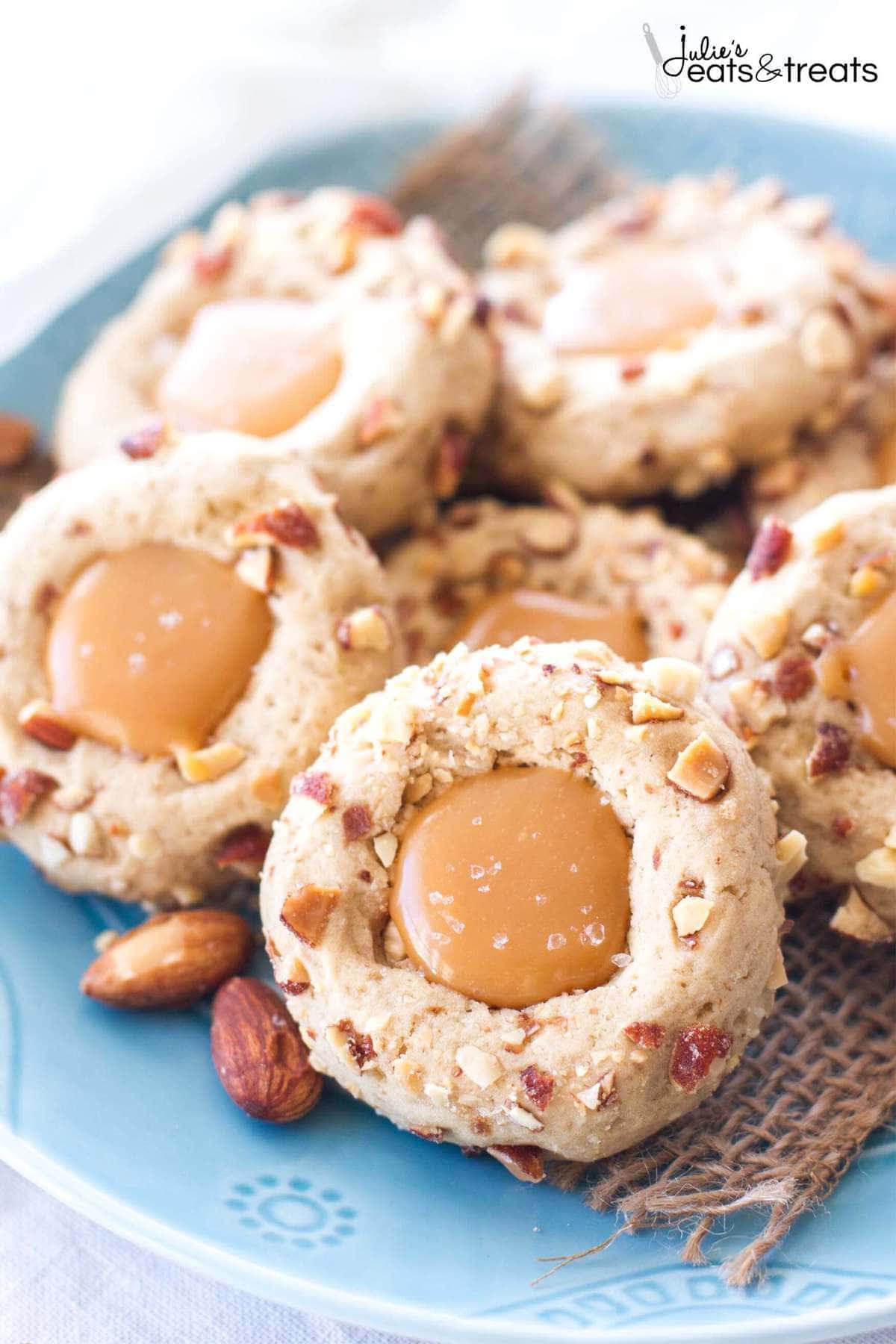 Salted Caramel Almond Thumbprint Cookies ~ Easy, Cookies Are Perfect for Any Holiday Party or Cookie Exchange! Slightly Nutty, Sweet and Incredibly Rich with Salted Caramel Filling!