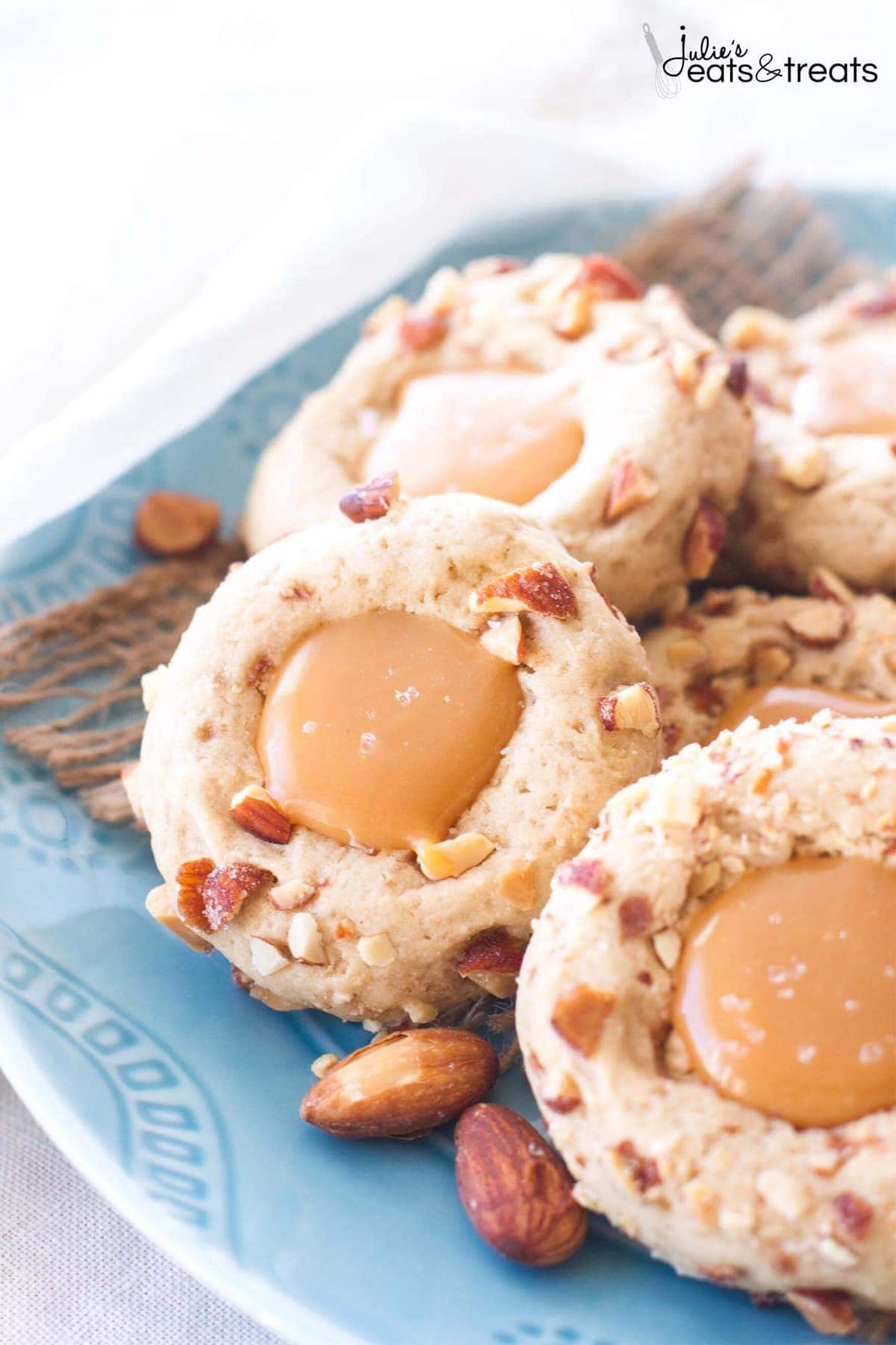 Salted Caramel Almond Thumbprint Cookies ~ Easy, Cookies Are Perfect for Any Holiday Party or Cookie Exchange! Slightly Nutty, Sweet and Incredibly Rich with Salted Caramel Filling!
