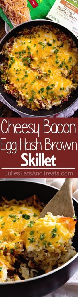 Cheesy Bacon Egg Hash Brown Skillet ~ Delicious, Easy Breakfast Skillet Loaded with Crispy Bacon, Hash Browns, Cheese and Eggs! You Can Even Serve it For Dinner!