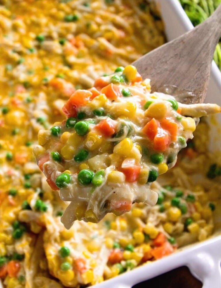 Cheesy Chicken Noodle Casserole ~ Easy, Hearty and Comforting Casserole Loaded with Chicken, Peas, Carrots, Corn and Egg Noodles! This Will Become a Family Favorite Dinner!